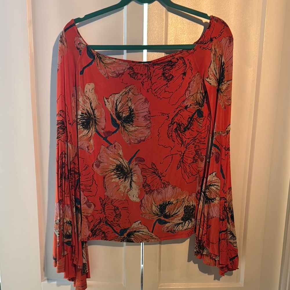 Free People Red and Orange Asymmetrical Bell Sleeve Blouse